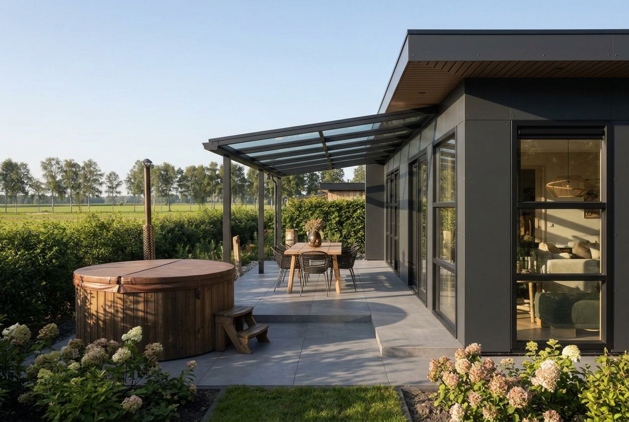 Houten lodge met terras, overkapping en hottub, omgeven door een Drentse haag